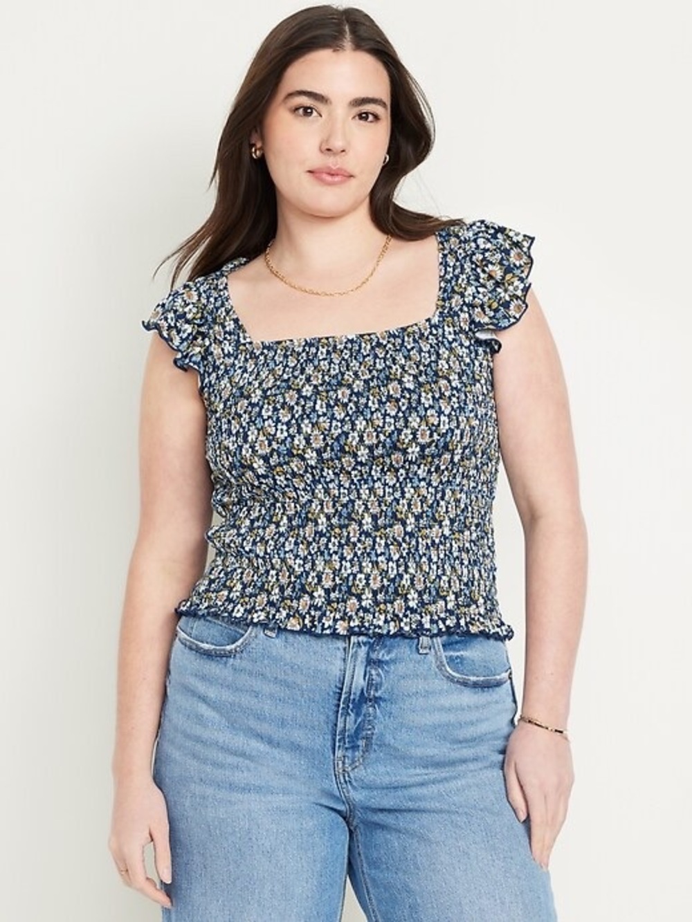 Old Navy Navy Floral Smocked Square-Neck Top XL